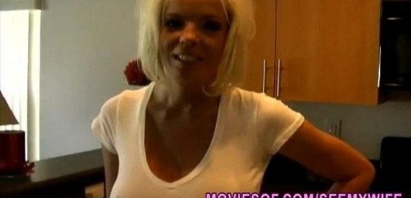  Big tits blonde wife strips down and masturbates in the kitchen